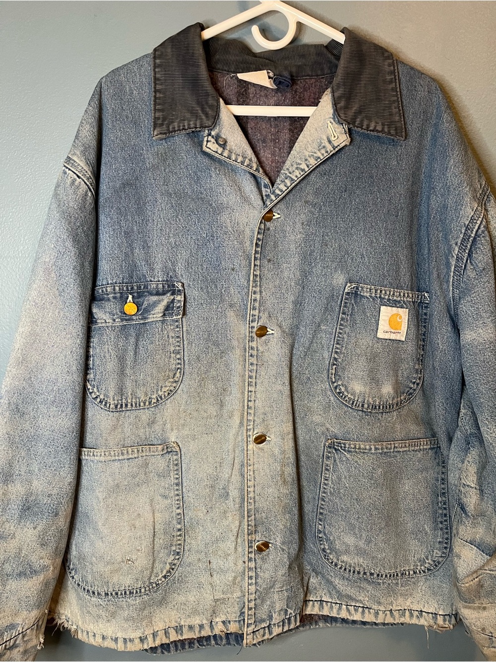 Carhartt Light Blue Denim Chore Jacket with Dark Collar